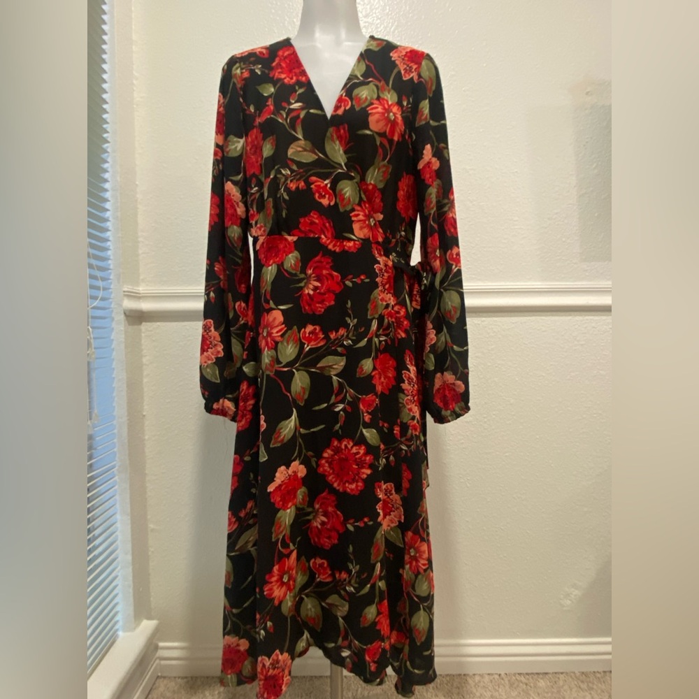 Forever 21 Black and Red Floral Wrap-around Dress